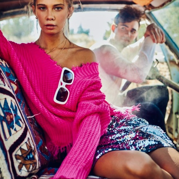 Off Shoulder Distressed V Neck Sweater Magenta Pink - Picture 3 of 7